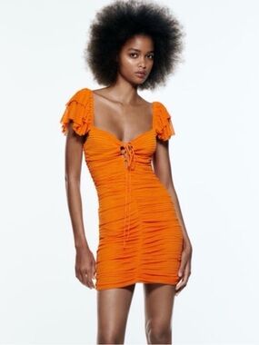 Zara Orange Ruched Lace-Up Mini Dress NWT